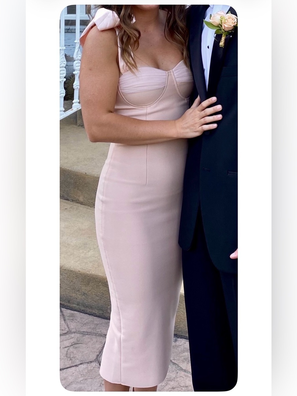 Elegant Baby Pink Bodycon Dress with Bust Detailing and Satin Bow Straps